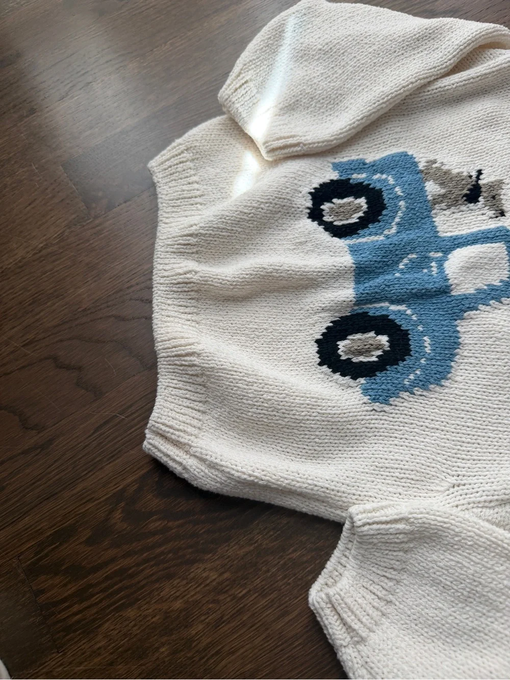 Zara Cream Knit Sweater with Blue Truck and Puppy Motif